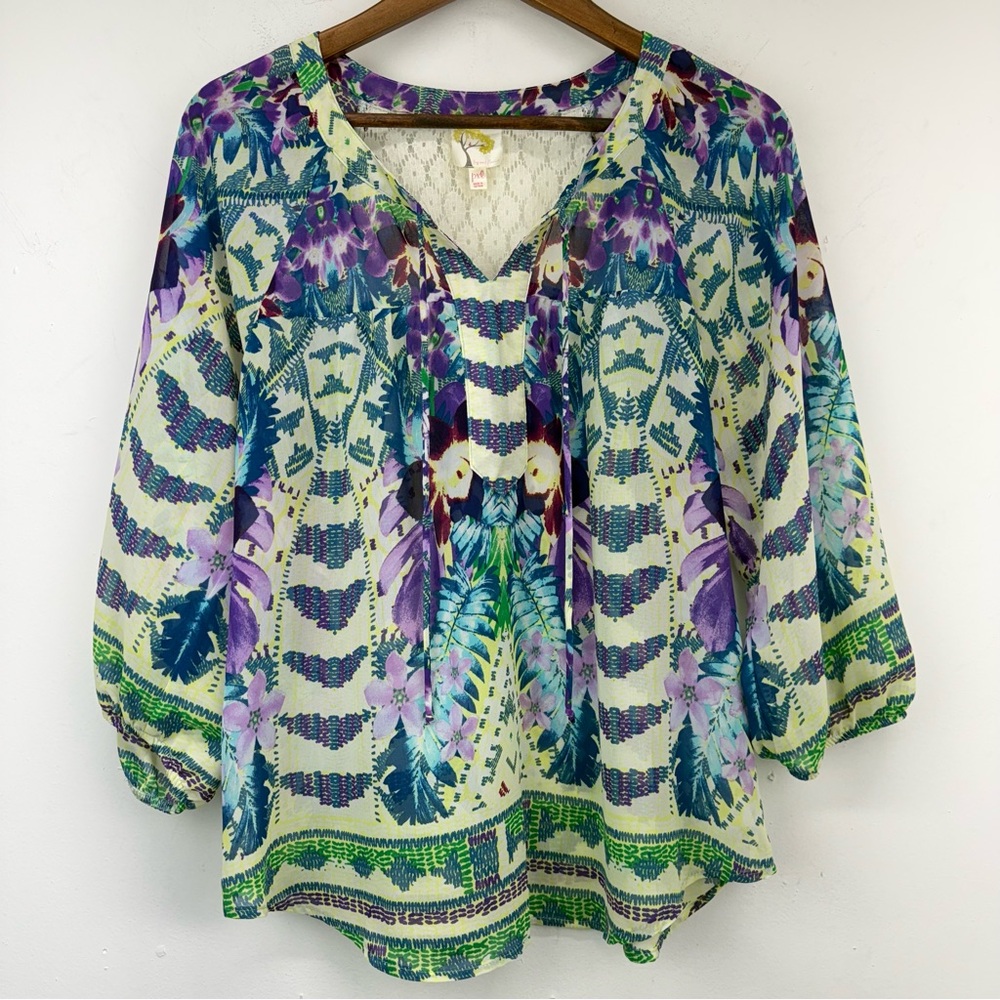 fig and flower Floral Boho Peasant Blouse in Purple, Green, Teal
